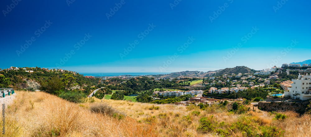 Panoramic View Of Mijas city In Malaga, Andalusia, Spain. Villag
