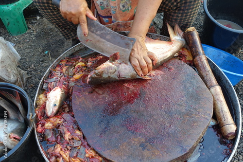 The fishmonger Just being cut fish in the market photo