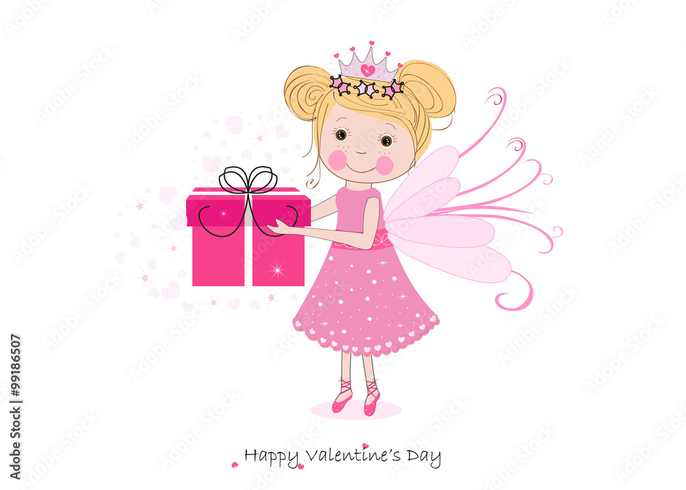 Cute fairy tale holding gift box valentine day greeting card Cute fairy tale holding gift box valentine day greeting card