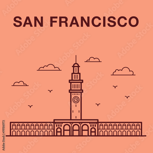 San Francisco Ferry Building. San Francisco vector landmark illustration.