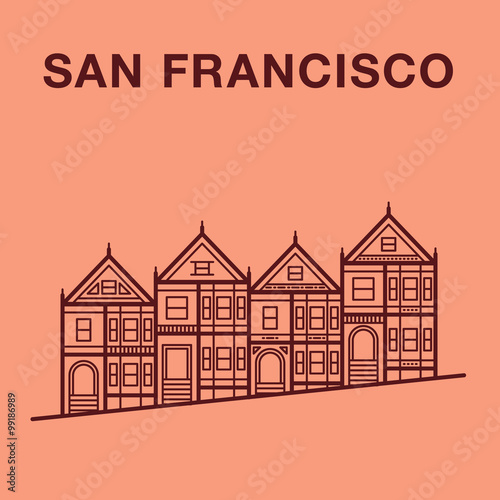 San Francisco Painted Ladies Houses. San Francisco vector landmark illustration.