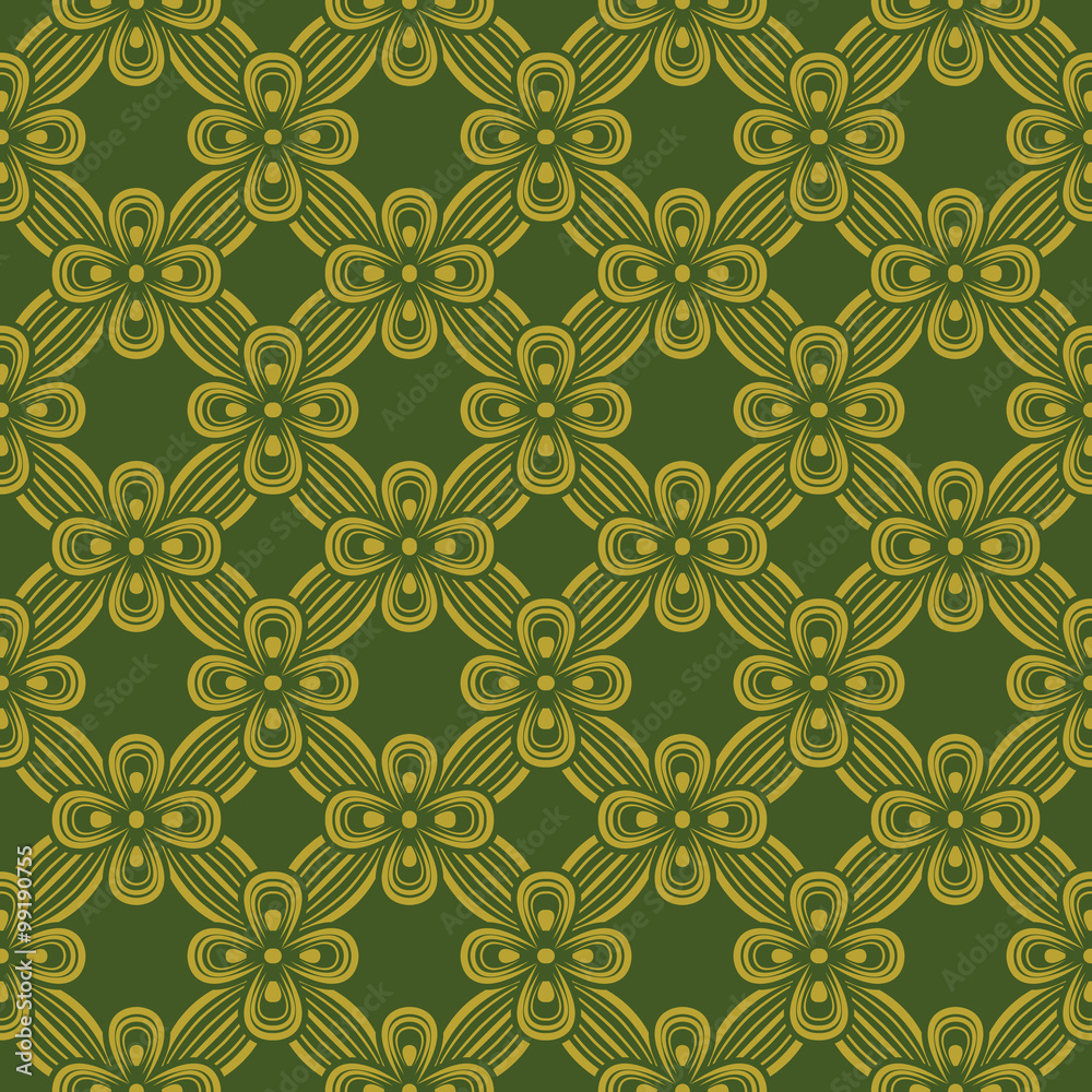Fototapeta premium Seamless background image of vintage green golden ribbon cross flower geometry pattern. 