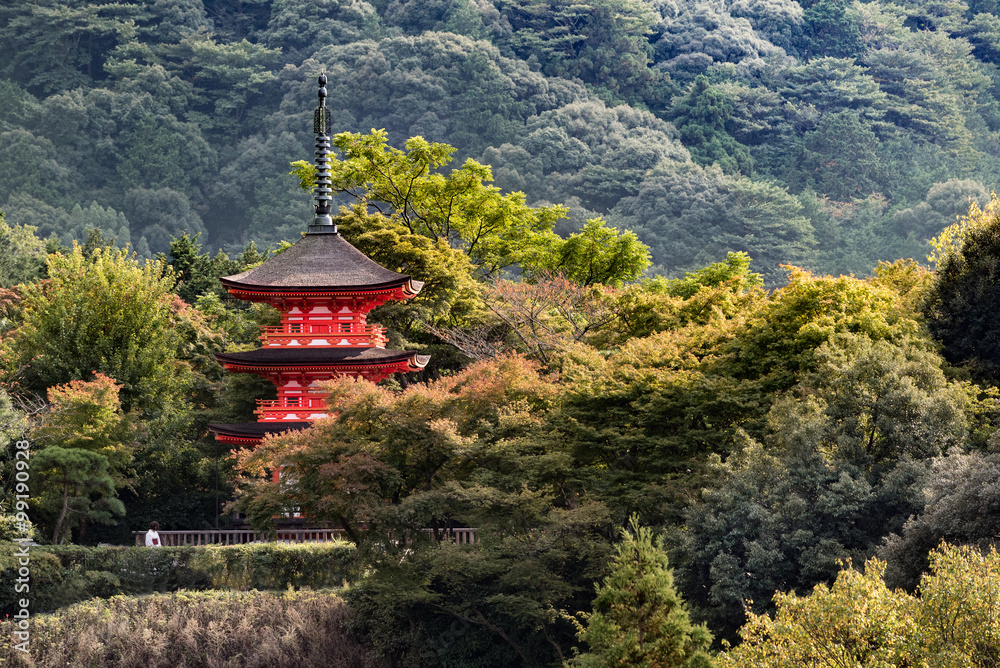 red pagoda in a temple of Kyoto with green wood around red pagoda in a temple of Kyoto with green wood around
