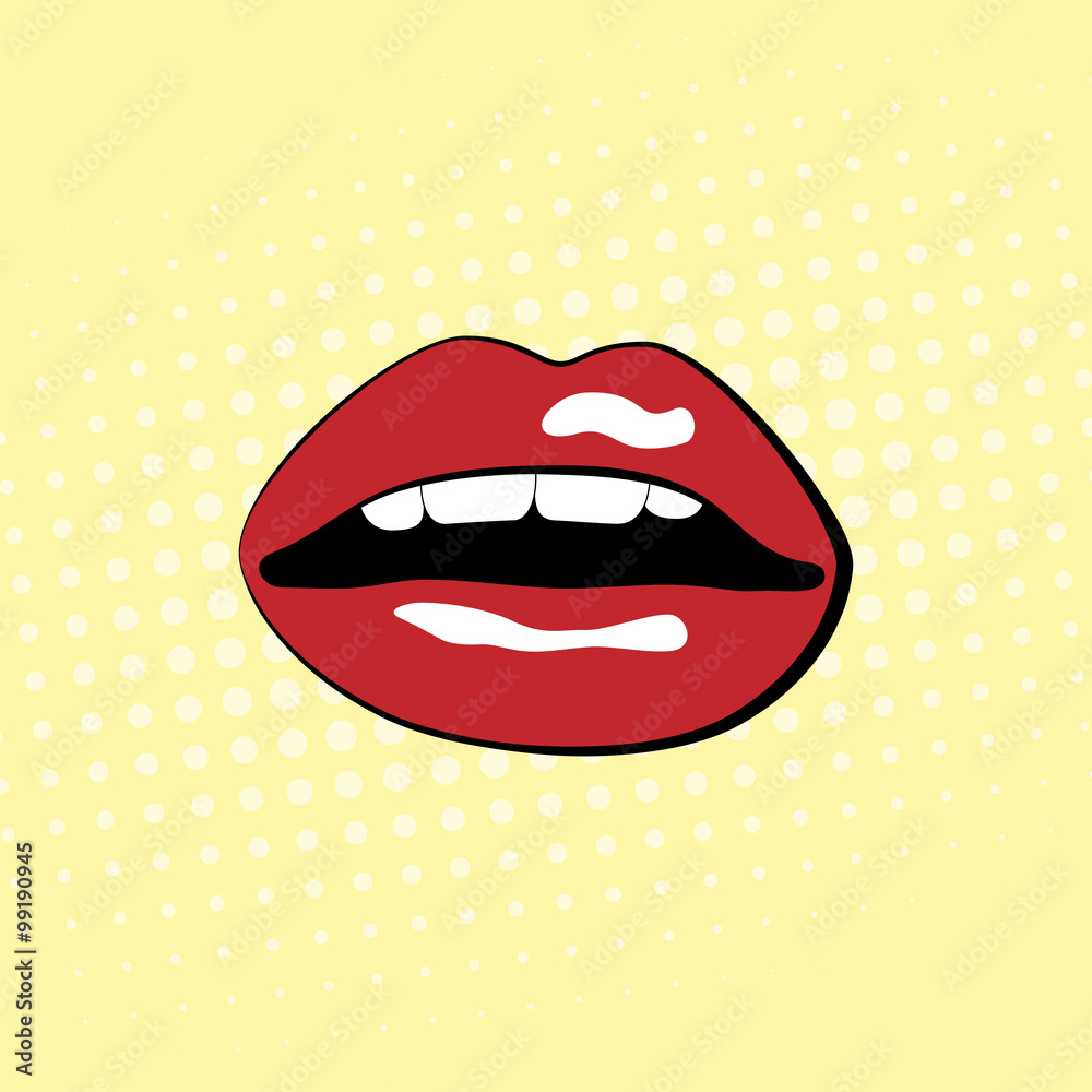 Red lips with teeth. Pop-art background
