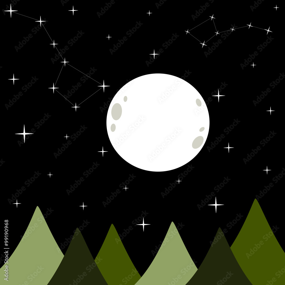 big white full moon in a black dark starry night vector background ...