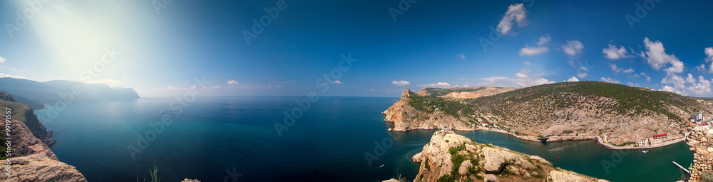 Panoramic view of the surrounding mountains and the sea. Cape Balaklava. Balaclava. Crimea. Ukraine