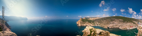 Panoramic view of the surrounding mountains and the sea. Cape Balaklava. Balaclava. Crimea. Ukraine