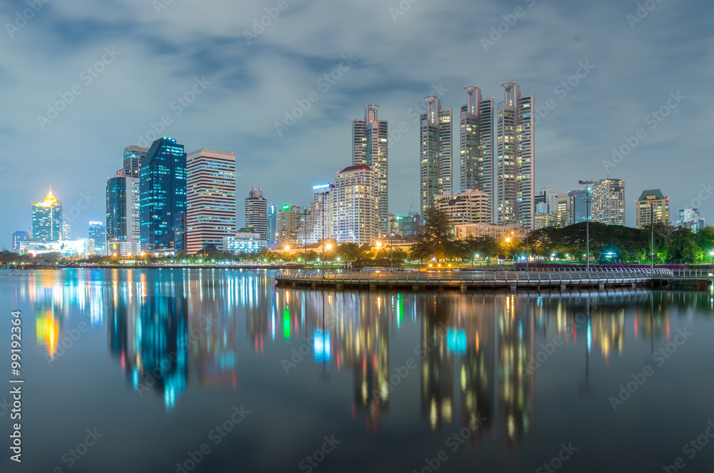 Bangkok city downtown twilight with reflection of skyline,Benjak