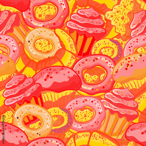 Pastry hand drawn seamless pattern. Doodle background collection confections. Icon set vector with donuts, cupcake, dessert, croissant, bagel