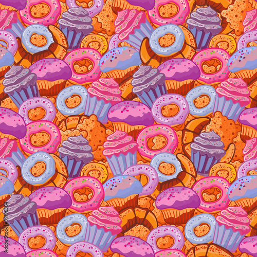 Pastry hand drawn seamless pattern. Doodle background collection confections. Icon set vector with donuts, cupcake, dessert, croissant, bagel