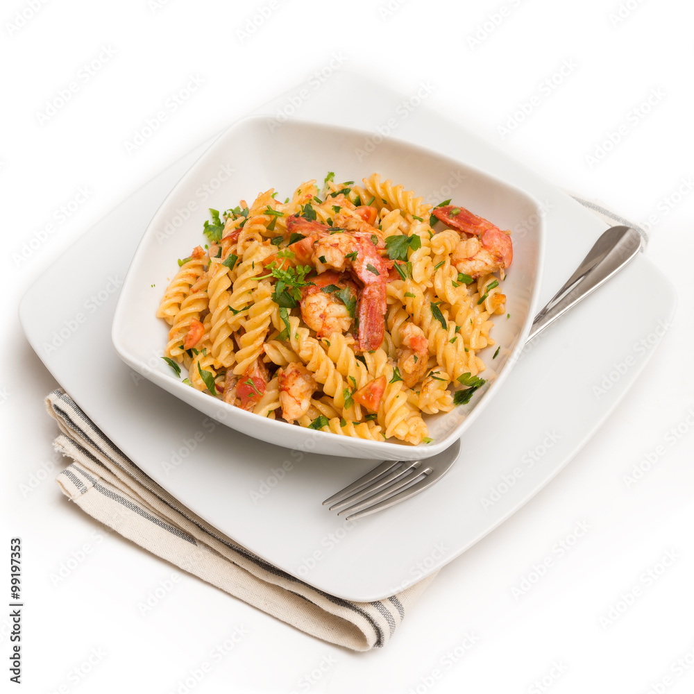 Fusilli ai gamberi e pomodoro, pasta with shrimps and tomato sauce