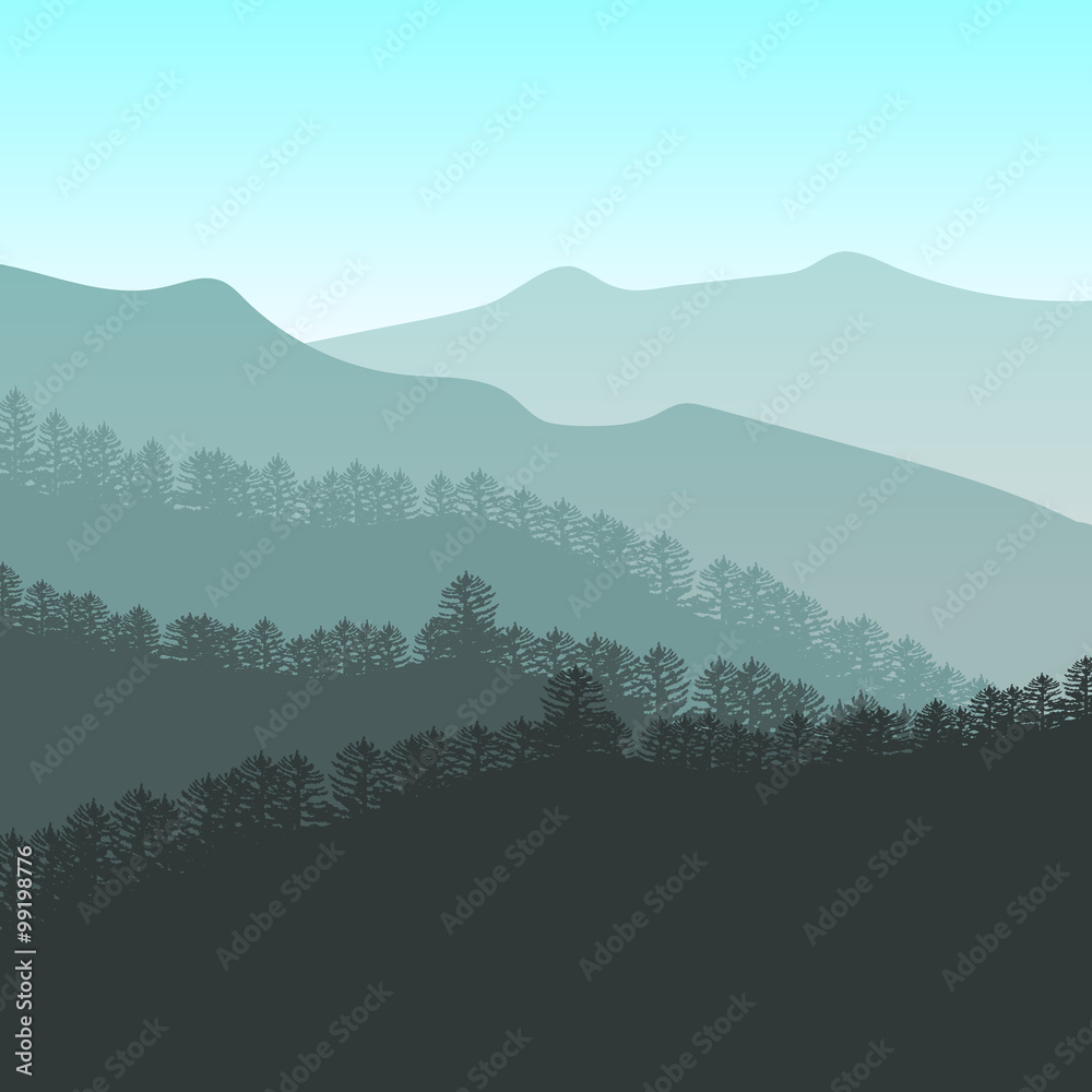 Panorama vector illustration of mountain ridges. Peaks, blue green hills, forest, clouds in the sky