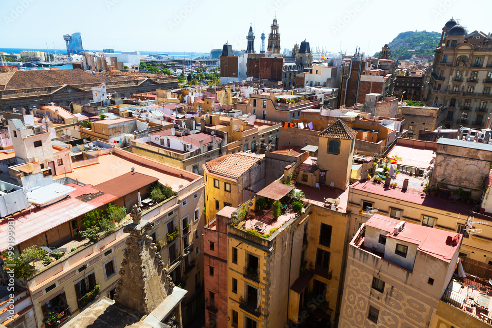 Roofs of old narrow street of european city.  Barcelona