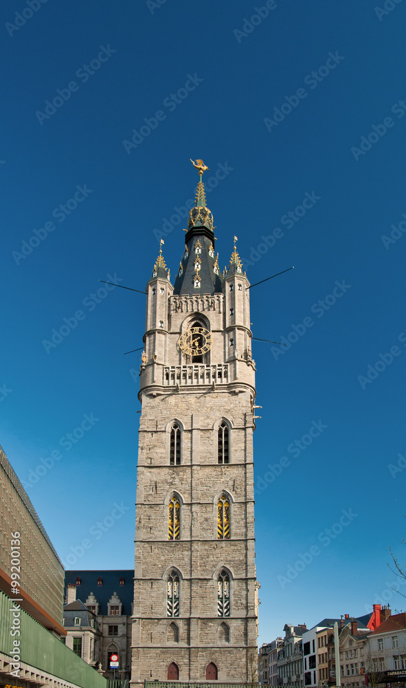 Bell tower of the belfry of Ghent Belgium