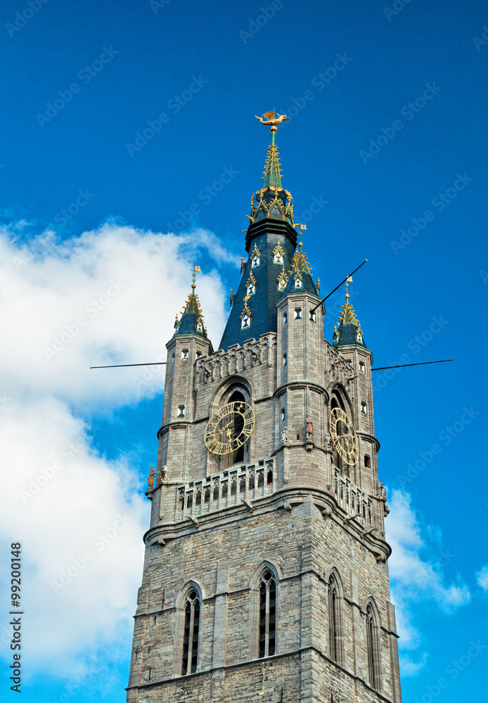 Bell tower of the belfry of Ghent Belgium