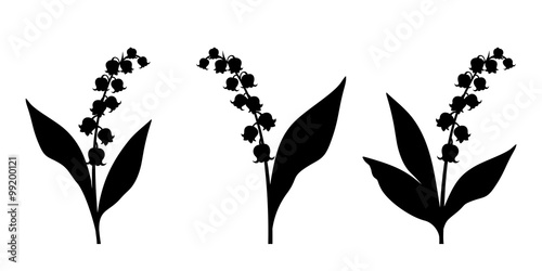 Fototapeta Naklejka Na Ścianę i Meble -  Set of three vector black silhouettes of lily of the valley flowers on a white background.