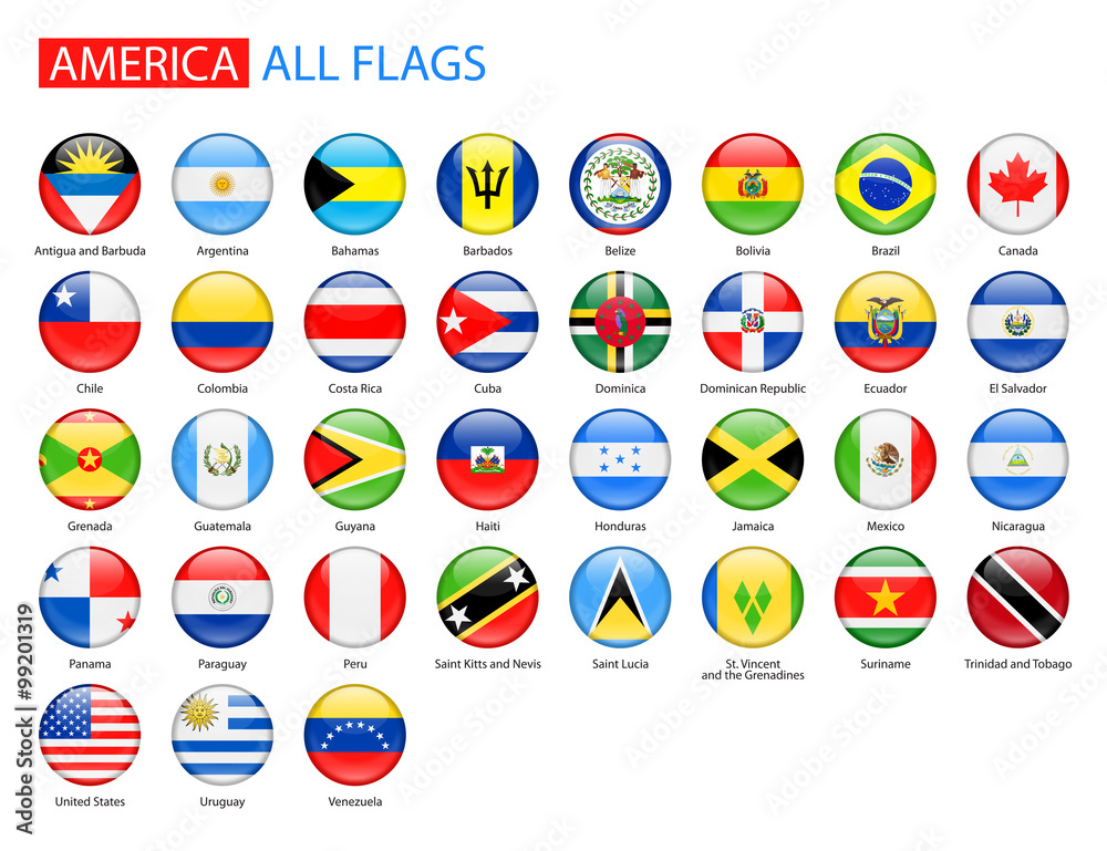 Round Glossy Flags of America Full Vector Collection. Vector Set of