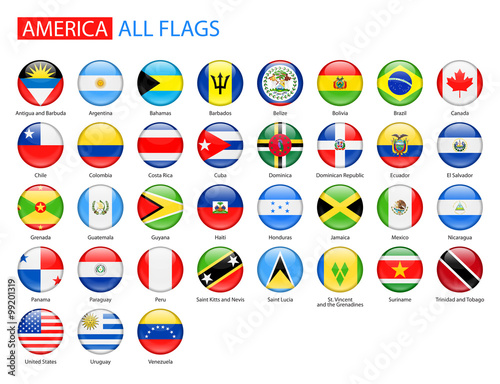 Round Glossy Flags of America - Full Vector Collection. Vector Set of American Flag Icons: North America, Central America, South America.