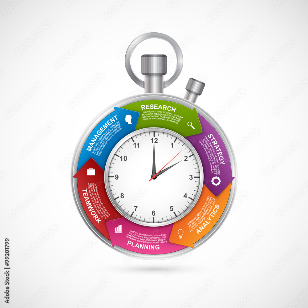 Infographics design template. Stopwatch with a circular arrow and the ...