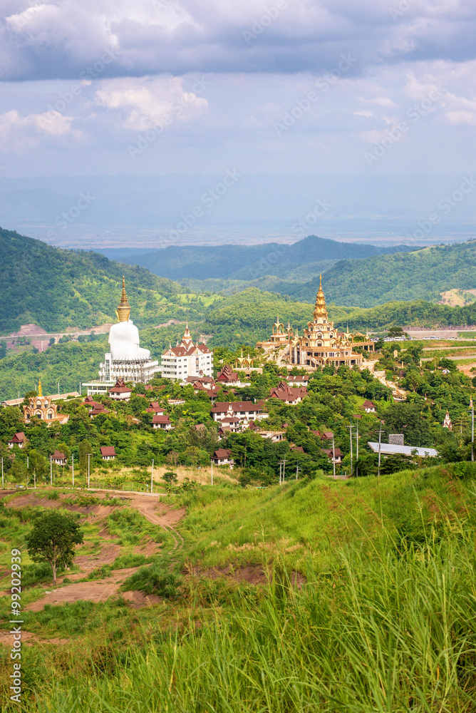 Beautiful landscape view of Golden pagoda at Wat Pha Sorn Kaew,