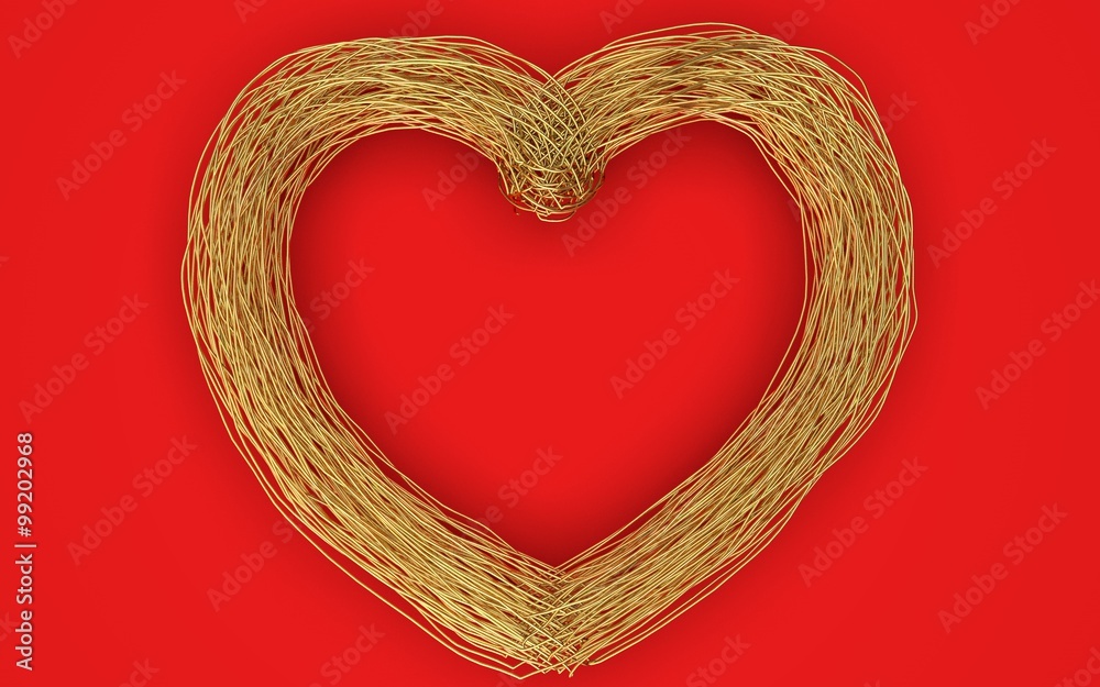 Beautiful big wired gold heart frame on a red background. Render. Beautiful big wired gold heart frame on a red background. Render.