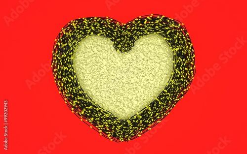 Beautiful big shiny golden heart ornate with LED garlands on a red background. Render.