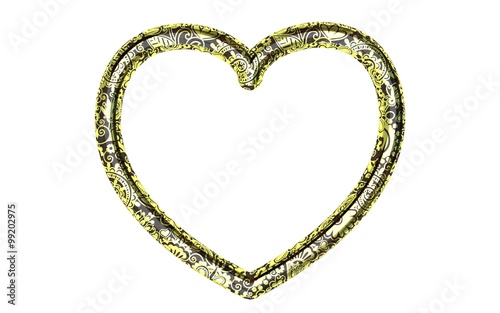 Beautiful big black metal heart frame with floral golden ornament on a white background. Render.