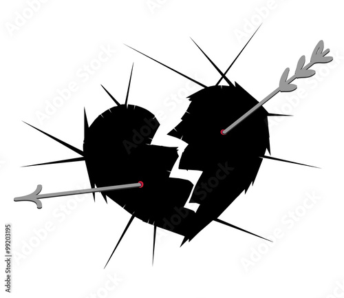 Broken heart vector illustration - two part of heart separation, with broken arrow in heart. Hurt heart cowered thorns. Symbol of sad feelings and problem in relationship. Vector.