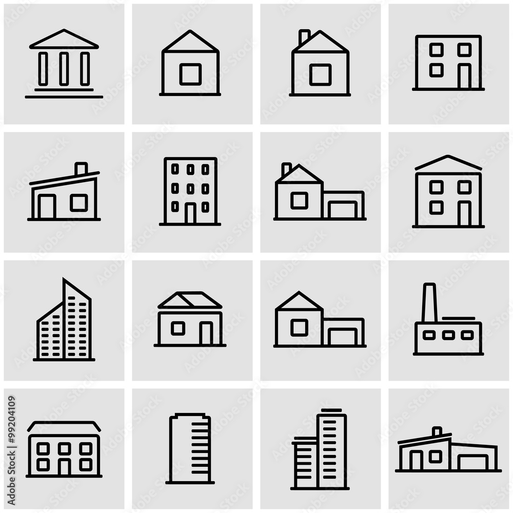 Vector line buildings icon set. Buildings Icon Object, Buildings Icon Picture, Buildings Icon Image - stock vector