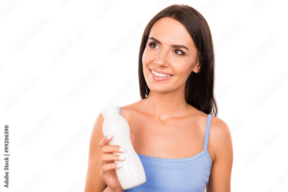 Healthy happy woman with a bottle of drinking yoghurt Healthy happy woman with a bottle of drinking yoghurt