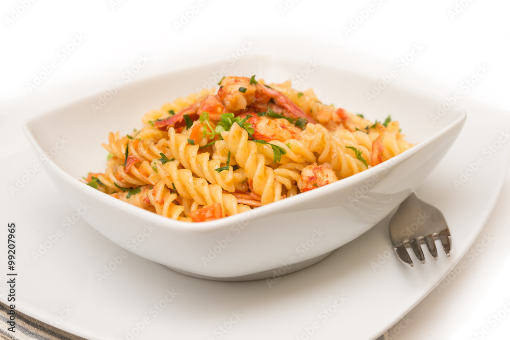 Fusilli ai gamberi e pomodoro, pasta with shrimps and tomato sauce Fusilli ai gamberi e pomodoro, pasta with shrimps and tomato sauce