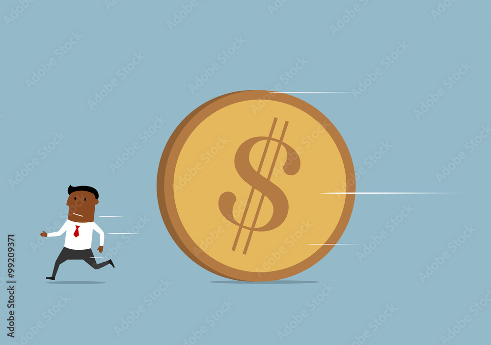 Businessman running away from huge golden coin Businessman running away from huge golden coin