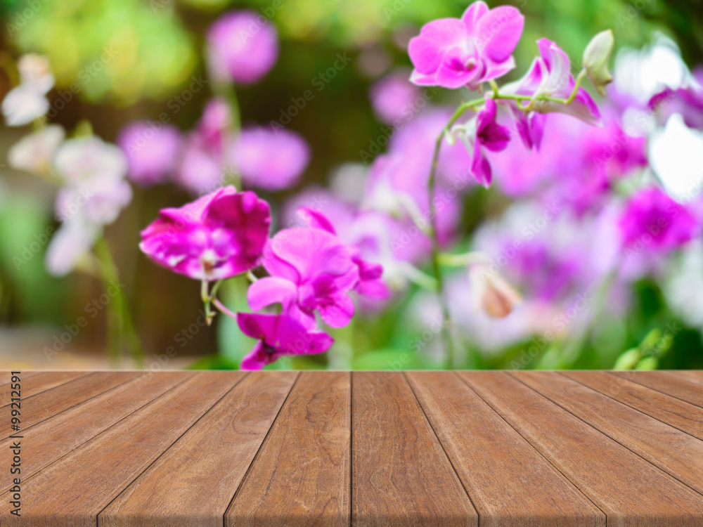 Wooden board empty table in front of blurred background. Perspec