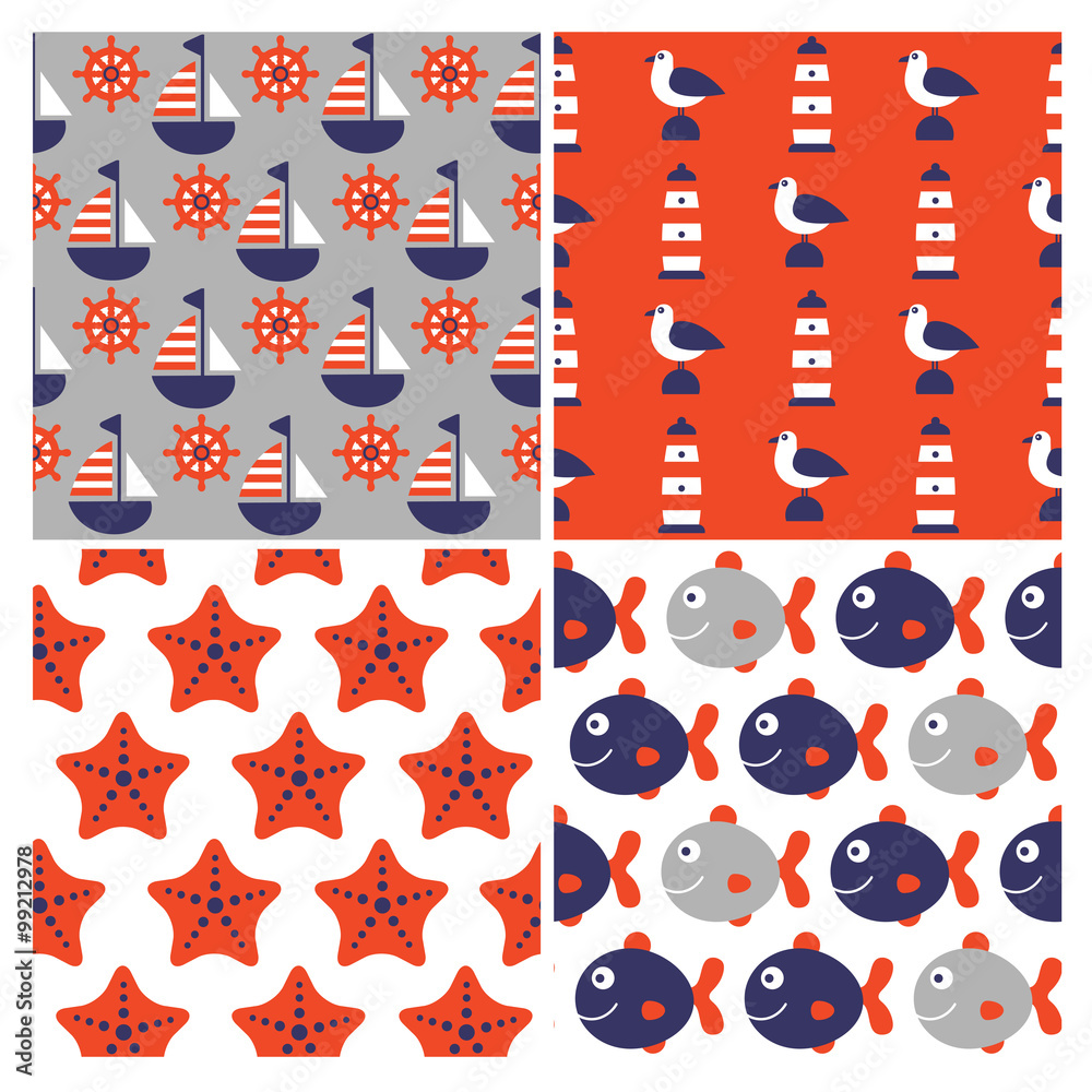 Obraz premium color set of four childish vector nautical seamless patterns