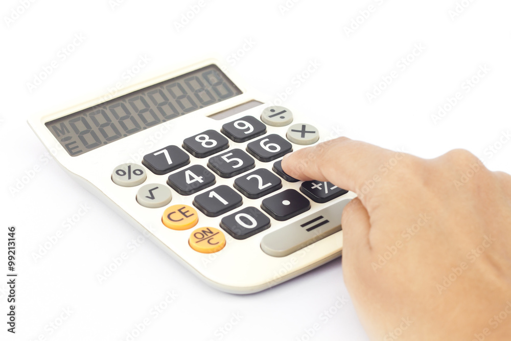 Calculator with hand isolated on white background