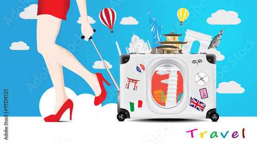Travel to the world famous monuments with suitcase with window o