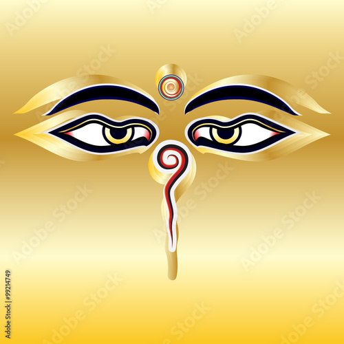 Traditional Buddha eyes symbol Wisdom Eyes with gold background