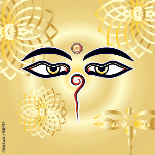 Traditional Buddha eyes symbol Wisdom Eyes with gold henna manda