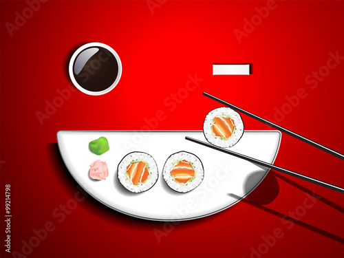 Sushi salmon avocado roll white smile plate and chopsticks on re