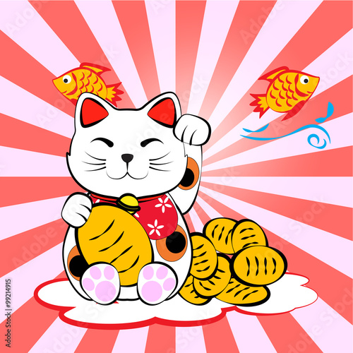 Japanese lucky cat meneki neko with gold and fish for lucky mone