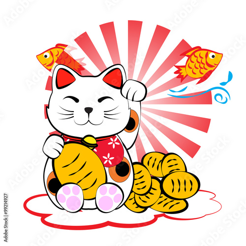 Japanese lucky cat meneki neko with gold and fish for lucky mone