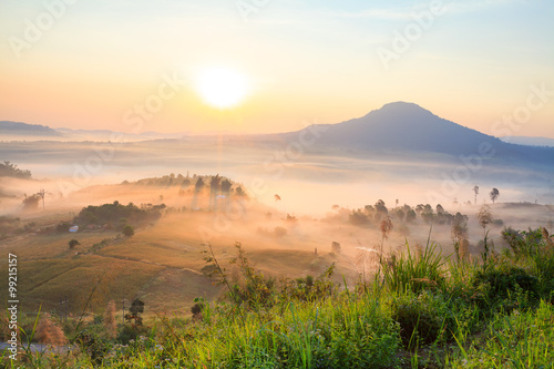 Misty morning sunrise in Khao Takhian Ngo View Point at Khao-kho