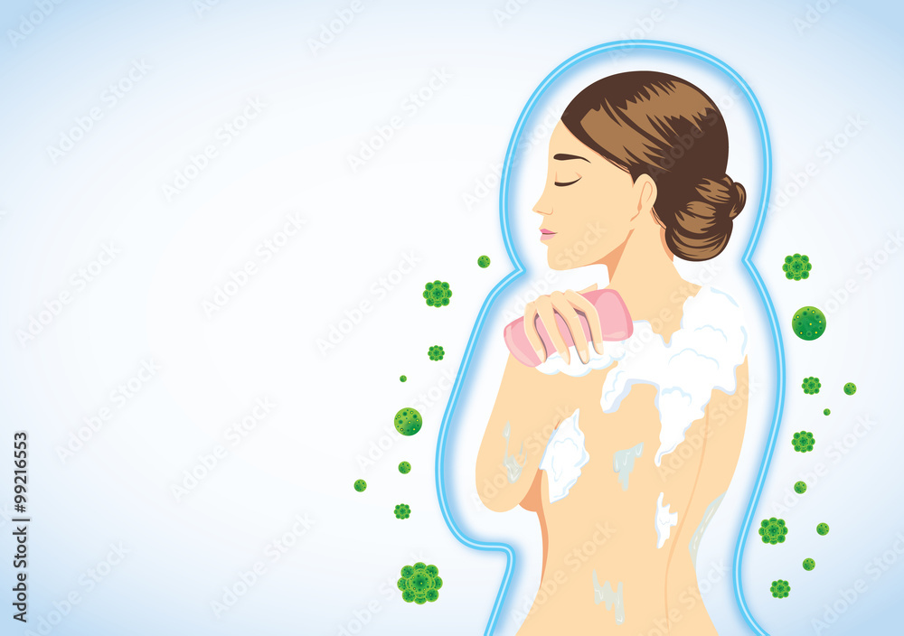 Healthy woman protect skin from bacteria by bath and body wash with soap Healthy woman protect skin from bacteria by bath and body wash with soap