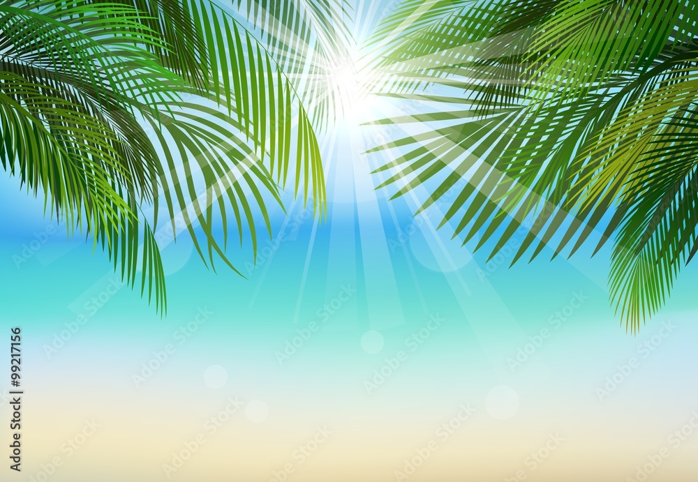 Palm leaf background on blue sky and sunbeams.Summer holidays Palm leaf background on blue sky and sunbeams.Summer holidays