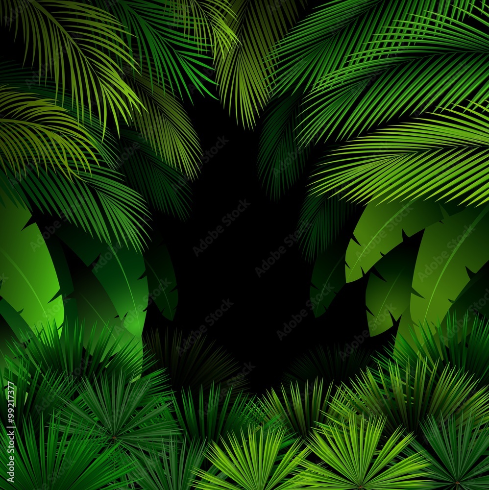 Naklejka premium Exotic pattern with tropical leaves on a black background