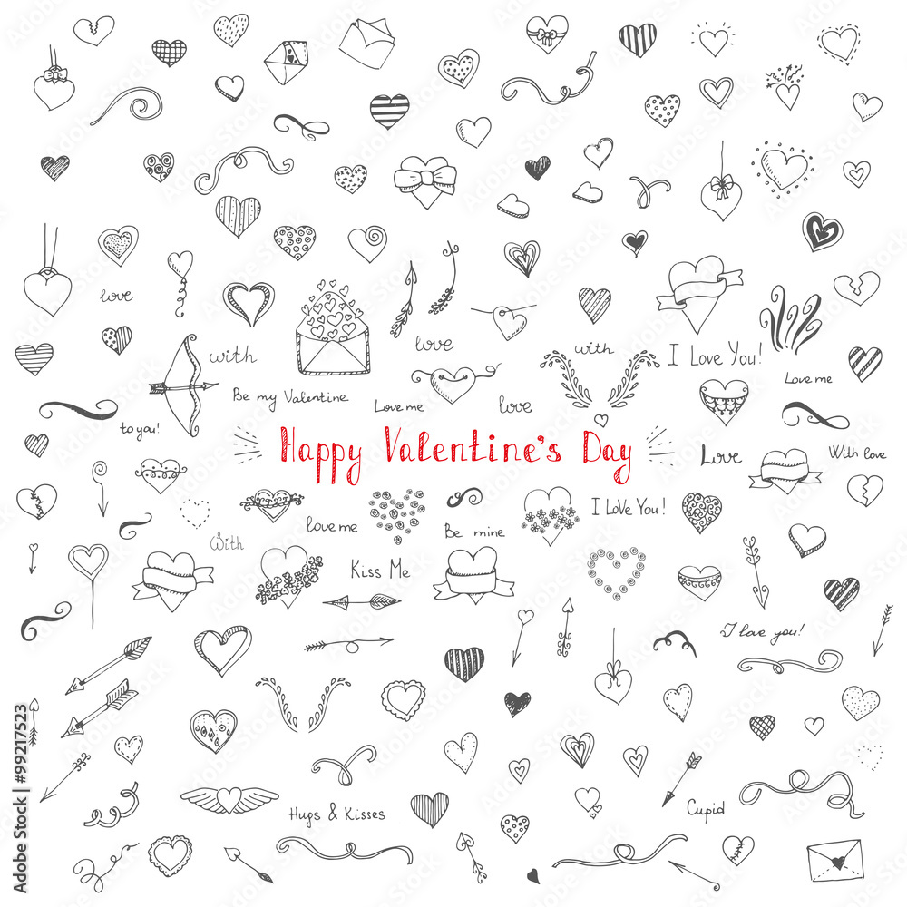 Set of hand drawn Happy Valentine's Day symbols and icons Heart, arrow, swirl, ribbon, bow, flower, letter Doodle elements Valentine vector illustration I love you Set of icons for your design project