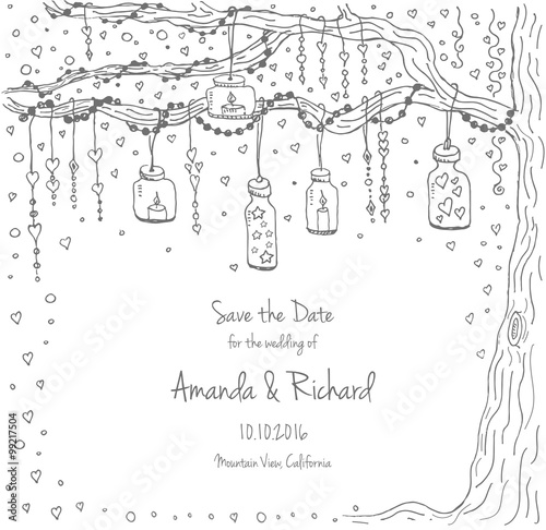 Unique vector wedding cards template with hand drawn tree decorated with lantern, hearts, candle, garland, Wedding invitation or save the date, RSVP and thank you card for bridal design, natural style