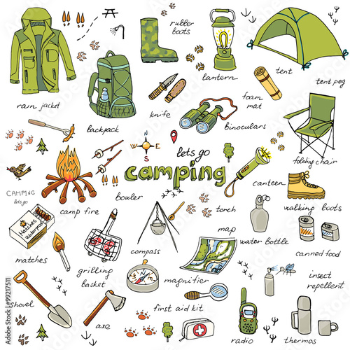 Set of hand drawn camping equipment symbols and icons, hiking, mountain climbing and camping doodle elements, vector illustration, camp clothes, shoes, gear and camp associated things