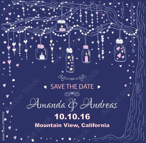 Unique vector wedding cards template with hand drawn tree decorated with lantern, hearts, candle, garland, Wedding invitation or save the date, RSVP and thank you card for bridal design, natural style