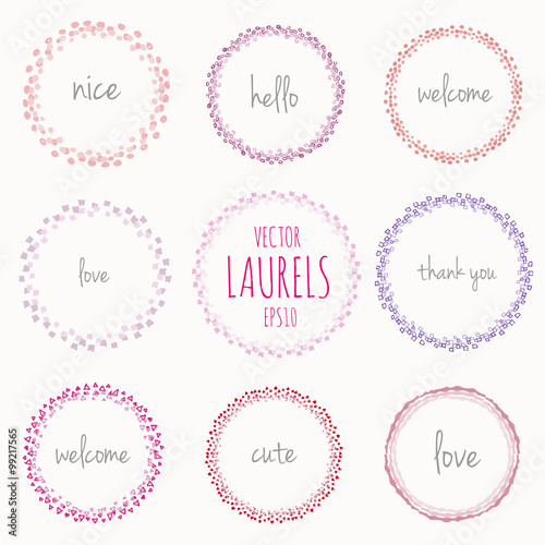 Collection of handdrawn laurels and round wreaths Romantic wreath with copyspace for your text Hand drawing sketchy wreath Save the date, wedding or invitation card design elements Nice pastel colors